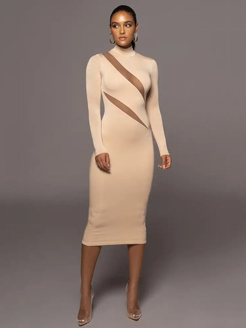 Autumn/winter Long Sleeve Mesh Patchwork Dress ’s Perspective Bodycon Midi Dress Female Party Evening Dress