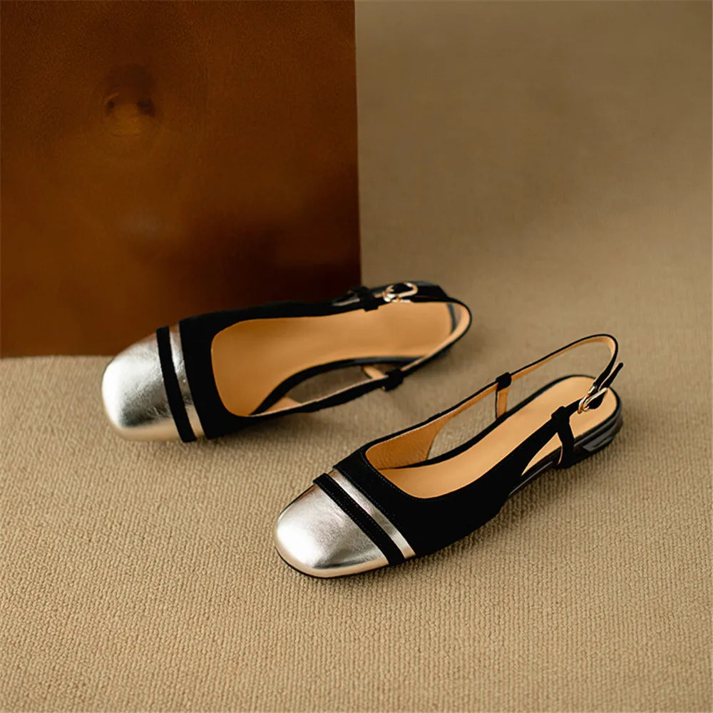 Classic Design Cow Leather Flats Shoes Slingbacks Summer Comfort Shoes Woman Round Toe Flats Shoes