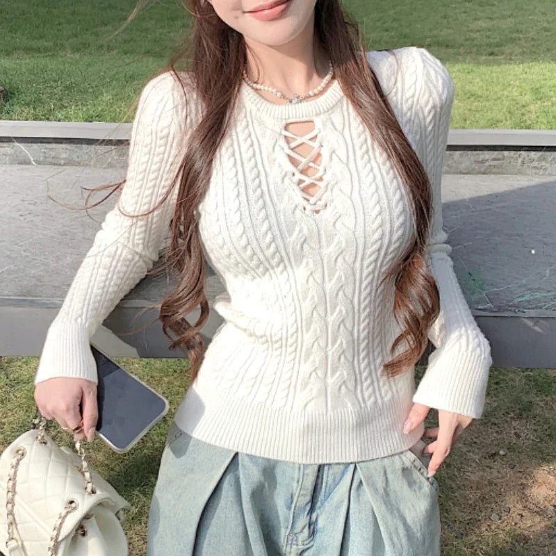 Hollow Color Longsleeved Sweater Autumn New Oneck Laceup Slim Allmatch Knitted Tops