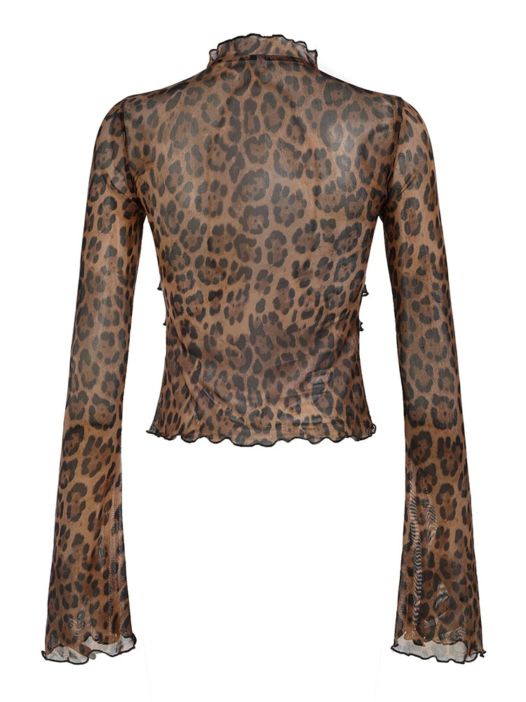 Leopard Print Lace-up Blouse Shirts Semi-sheer Mesh Flared Sleeve Ruffled Cardigan Tops
