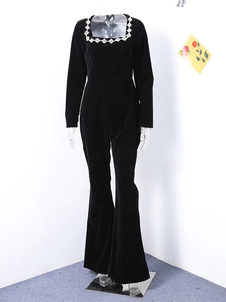 Black Beaded Velvet Jumpsuits for One Piece Long Sleeve Square Collar Full Length Jumpsuit Christmas Evening Party Gown