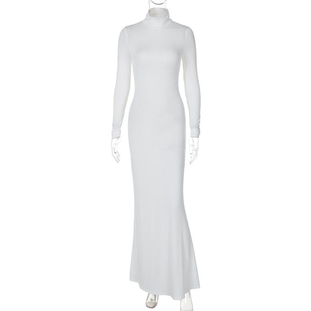 Turtleneck Long Sleeve Maxi Dress Gown Autumn Winter New Long Dress Femme Floor-length Dress