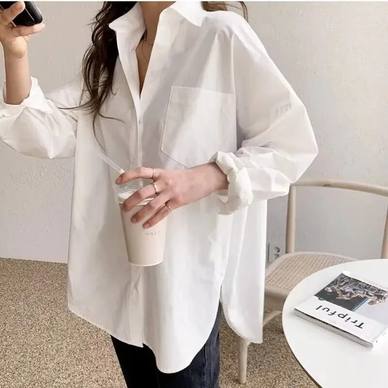 Office Lady White Loose Blouses New Cotton Long Sleeve Shirt Turndown Collar Tops