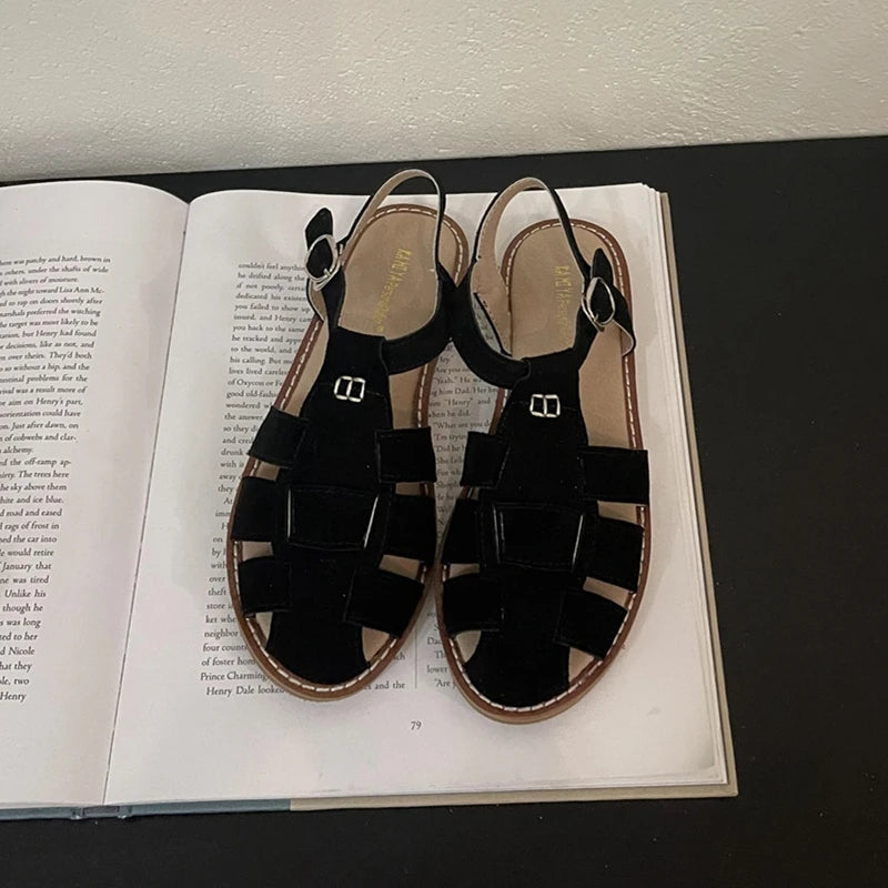 Roman Sandals Summer New Flat Retro Real Leather Sandals Hollowed Cage Shoes