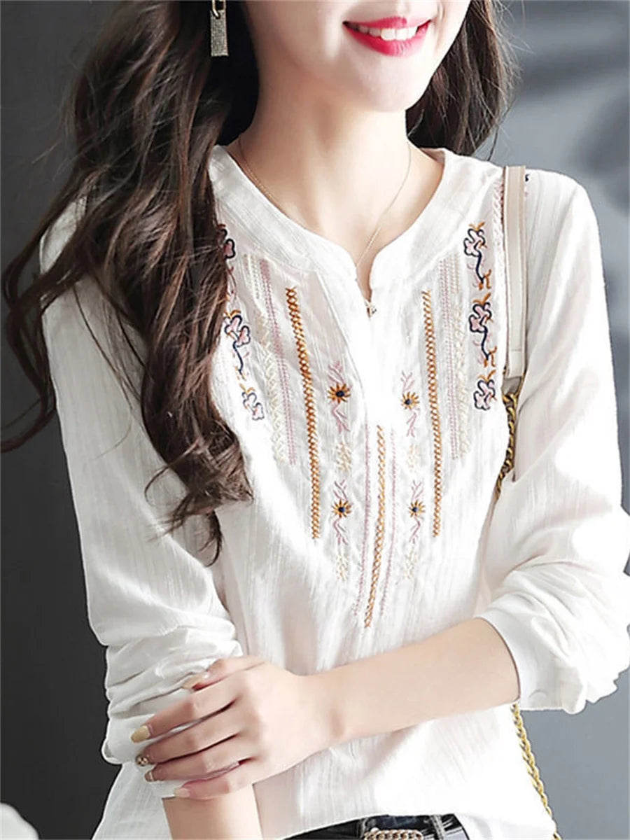 Spring Autumn White Blouses Tops Lady Embroidery V-neck Long Sleeve Loose Blusas Top Df4272