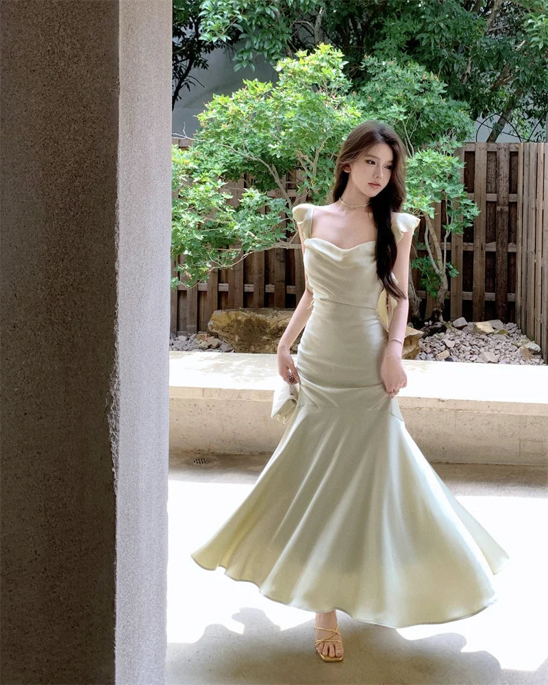 Summer Mermaid Dress Bodycon Spaghetti Strap Midi Maxi Dresses Lady Stain Party Square Neck New Robe