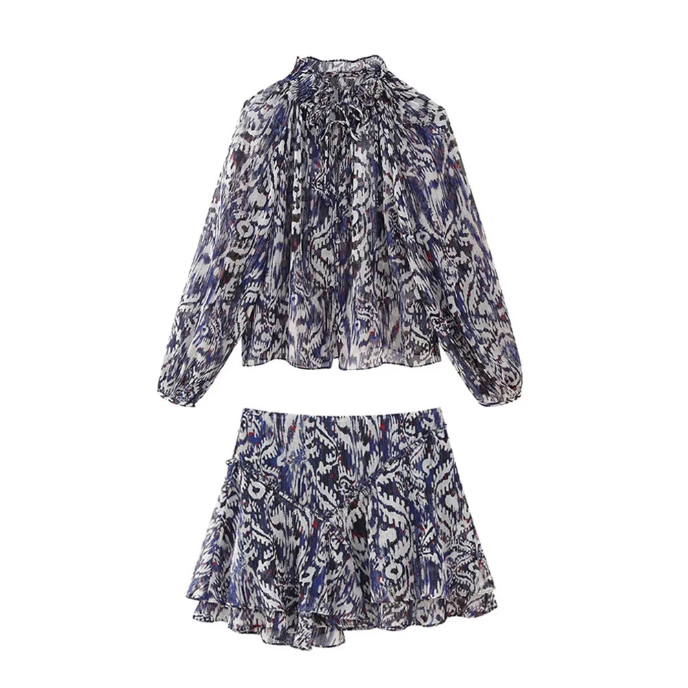 Chiffon 2 Piece Set Long Sleeves Printed Flowy Loose Blouse Top Woman Ruffle Aline Mini Skirt