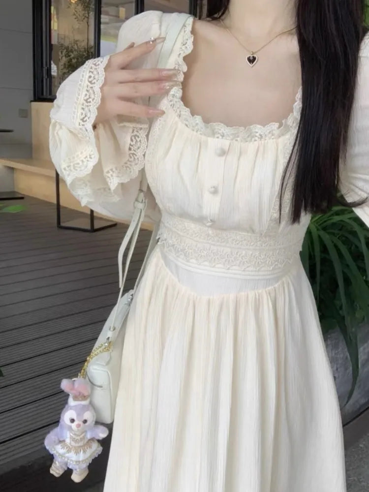 French Princess Midi Dresses Summer Korean Lace Spliced Long Sleeve Vestidos New Evening Clothes