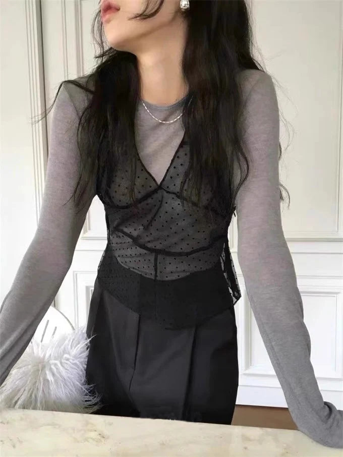 Vneck Seethrough Waistcoat Polka Dot Y2k Top Halter Fold Vest Woman Tanks Korean Ropa De Mujer
