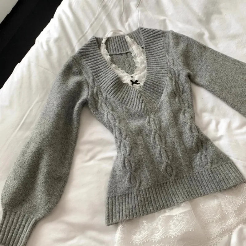 Vneck Gray Allmatch Knitted Pullover Autumn New Bottoming Tops Y2k Slimfit Long Sleeve Sweaters Mujer