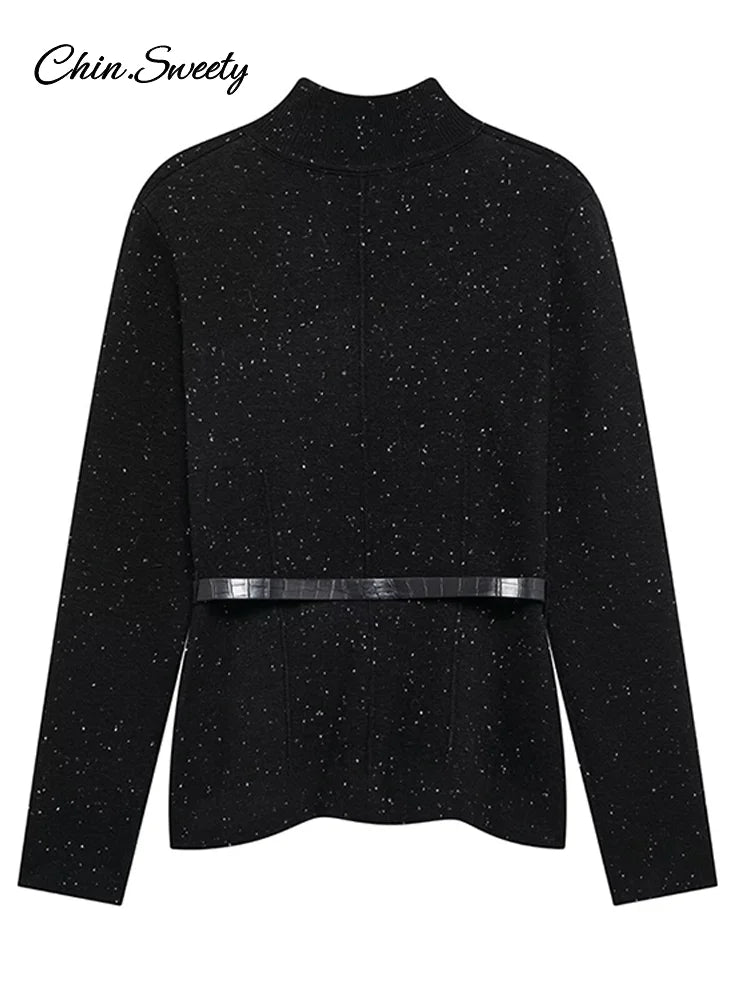 Black Turtleneck Sweater Pullover for With Belt Long Sleeved Loose Knitwear Female Spring Lady Soft Jumper New