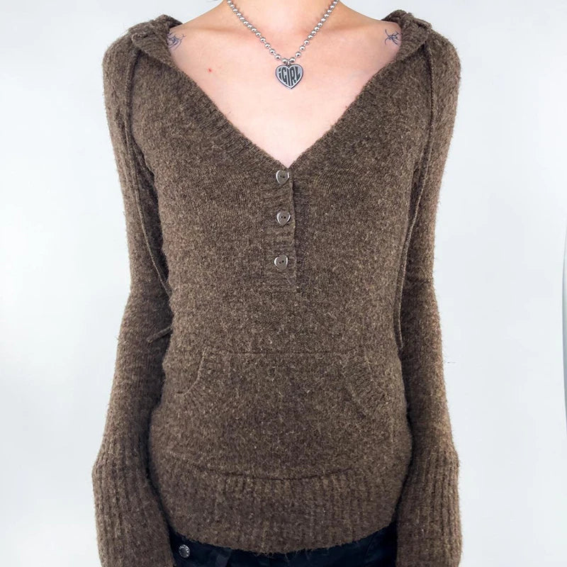 Y2k Brown V-neck Hooded Sweater Basic Slim Button Up Knitted Pullovers Autumn Outfits Lady