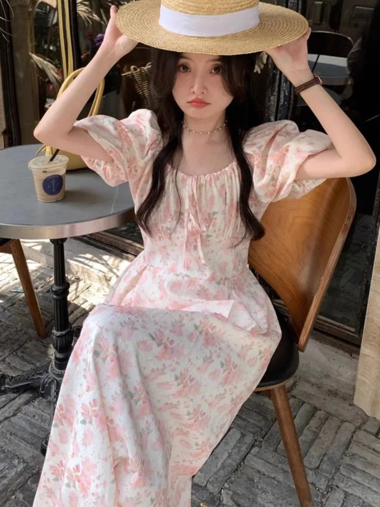 Summer Printed Midi Dress Off Shoulder Puff Sleeve Fairy Aline Dresses Korean Fahion Vestidos Mujer