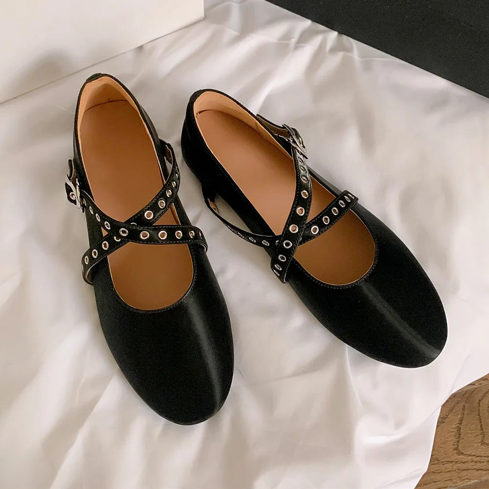 Spring Summer New Flats Genuine Leather Ballet Flats Round Toe Buckle Strap Comfortable Shoes Woman Concise