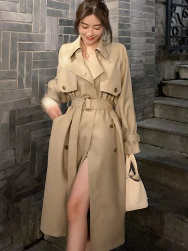Autumn Winter Khaki Long Trench Coat for Jacket Outerwear Turn-down Collar Tie Belt Korean Windbreaker
