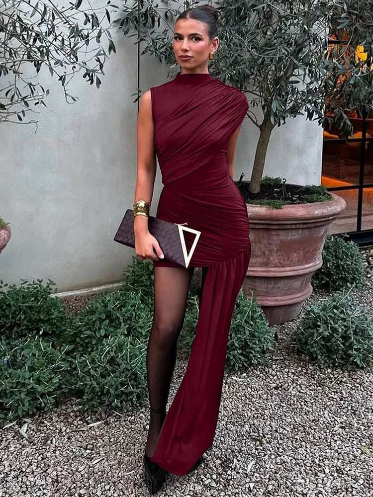 Draped Ruched Turtleneck Pleated Mini Dress
