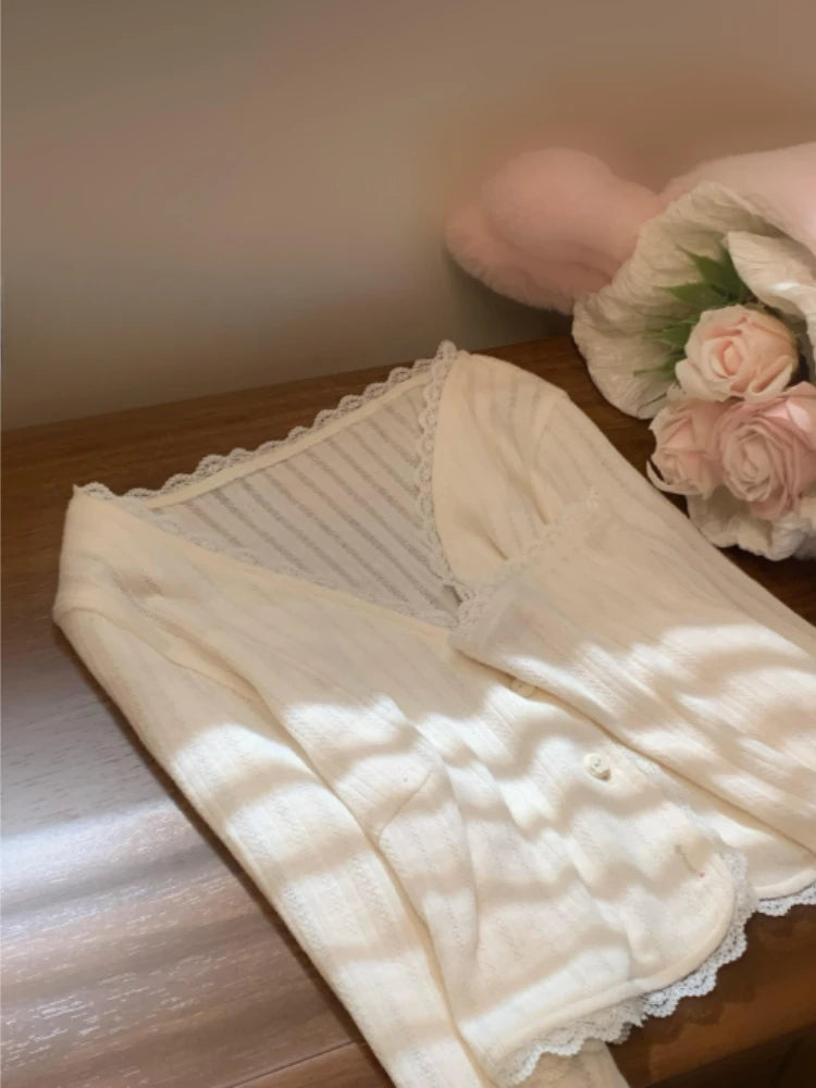 Sweet Thin 2piece Set Dress Design Bow Slash Neck Sleeveless Lace Dresses Female Cardigan