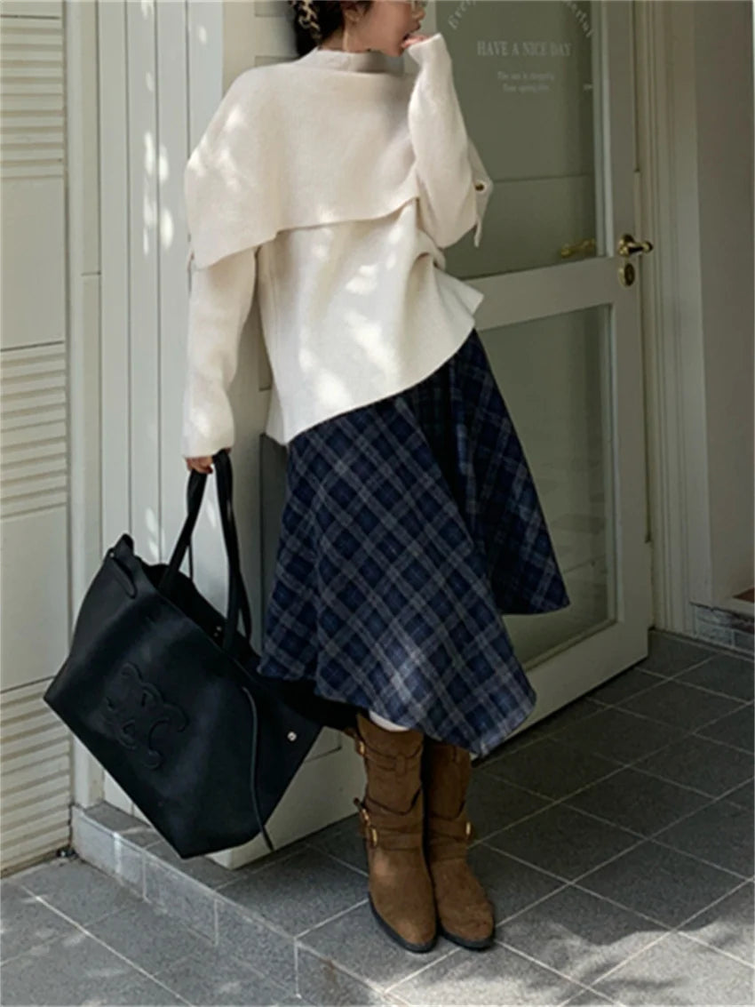 Sweaters Slim Knitted Winter Daily Office Lady Warm Sweet Loose Plaid Aline Skirts