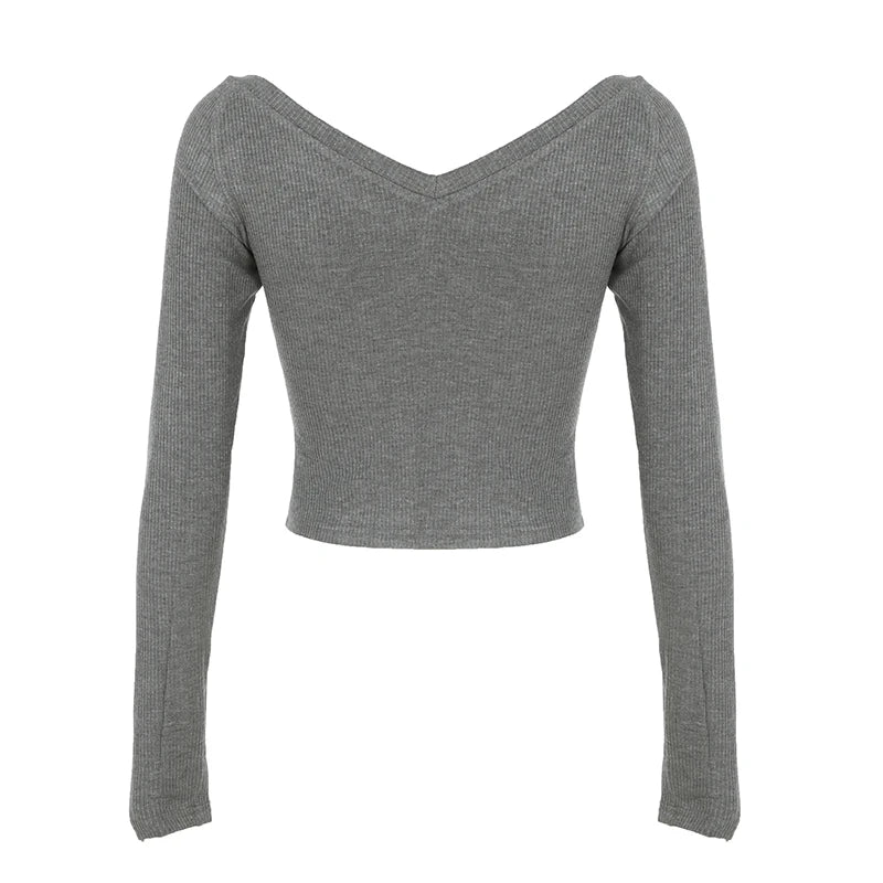 Gray Slim Y2k V-neck T-shirt Basic Print Gothic Dark Hotsweet Long Sleeve Crop Top Autumn New