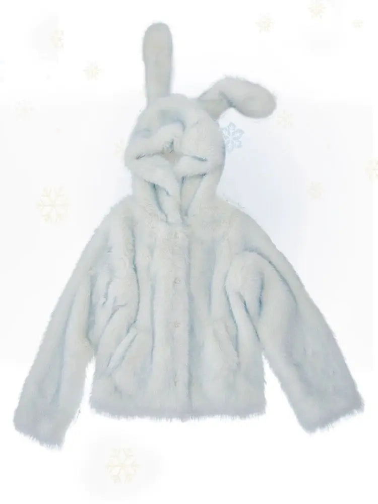 Sweet Girl Gradual Color Faux Fur Coat Winter Hooded Rabbit Ear Loose Fit Longsleeved Jacket Female Clothes