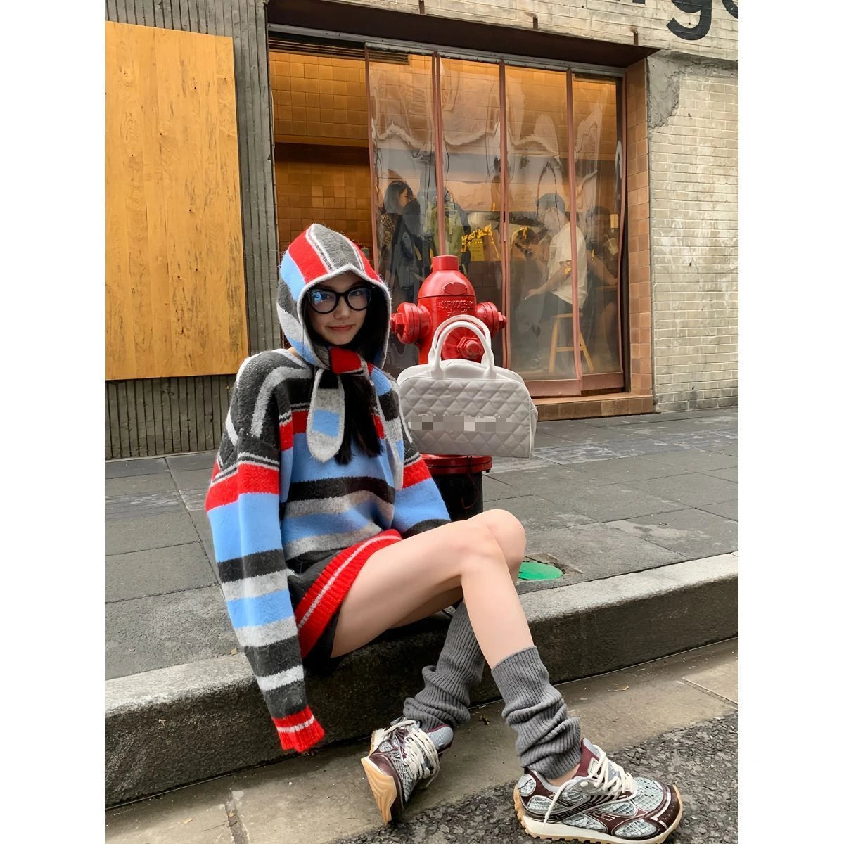 New Retro Detachable Hooded Lazy Style Striped Sweater Female Autumn/winter Loose Knitted Pullovers Sweaters Tops