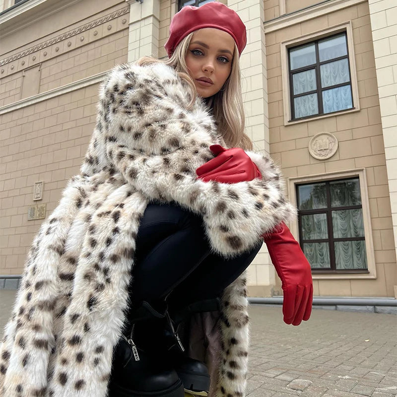 Exclusive Winter Long Belted Leopard Faux Fox Fur Coat Overcoats Stylish Street Fluffy Fox Fur Jacket