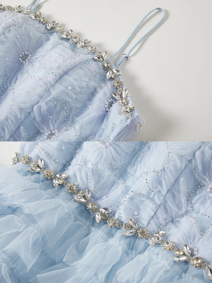 Pearls Sequins Diamonds Blue Mesh Cake Long Dress Spaghetti Straps Wedding Evening Party Bridesmaid Clothes