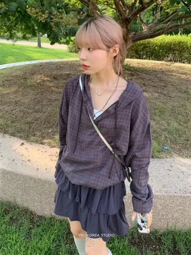 Korean Retro Plaid Drawstring Hoodie Button Tops Autumn New Loose Blouses Y2k Grunge Long Sleeve Blusas Mujer Shirt