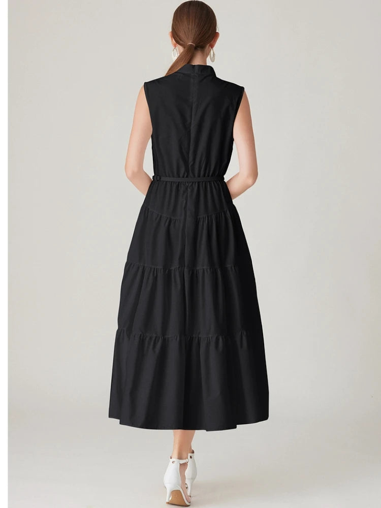 Simple Long Dress for Sleeveless Pearls Stand Collar Belt Ruffles Evening Wedding Party Vacation Vestidos
