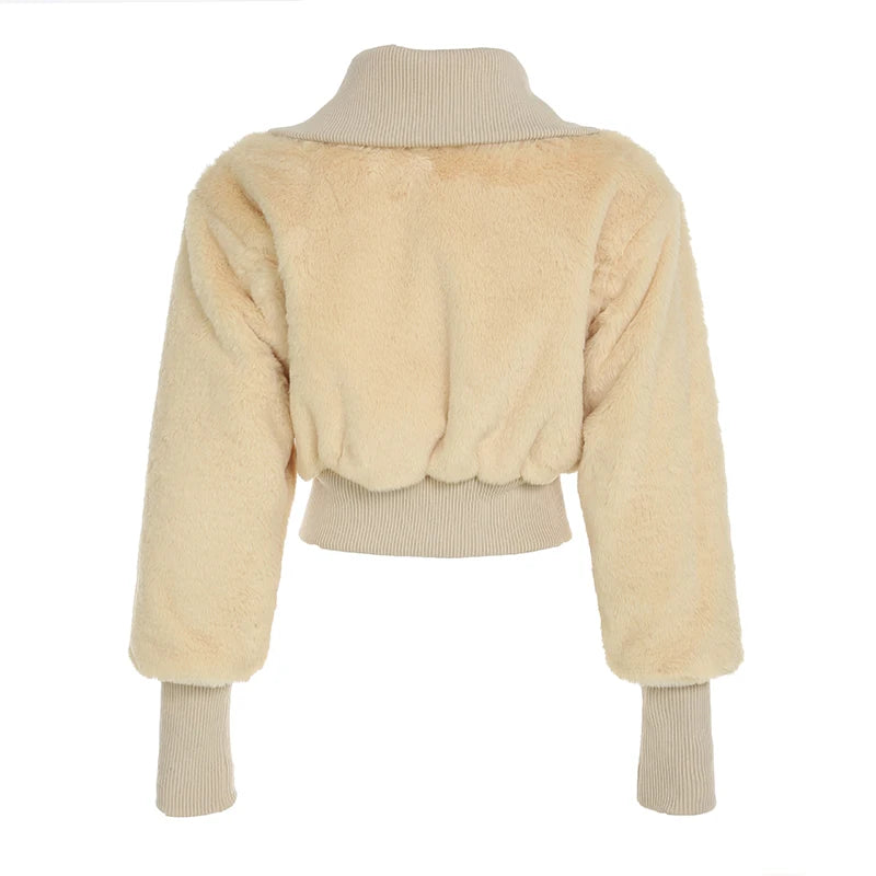 Fluffy Turn-down Collar Jacket S Autumn Winter New Slim Button Cropped Coat Retro
