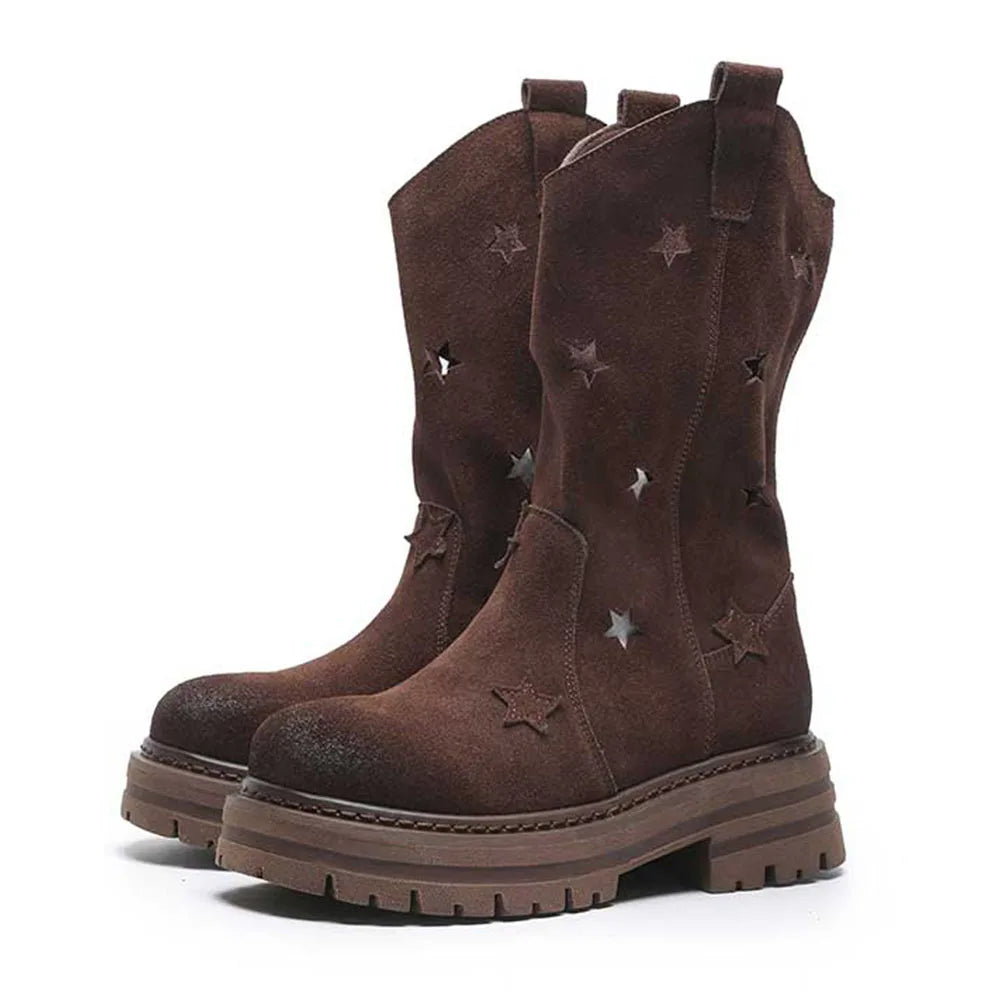 Western Cowgirl Boots Western Chunky Heel Round Toe Platform Star Hollow Retro Cowboy Mid Calf Boots for Shoes