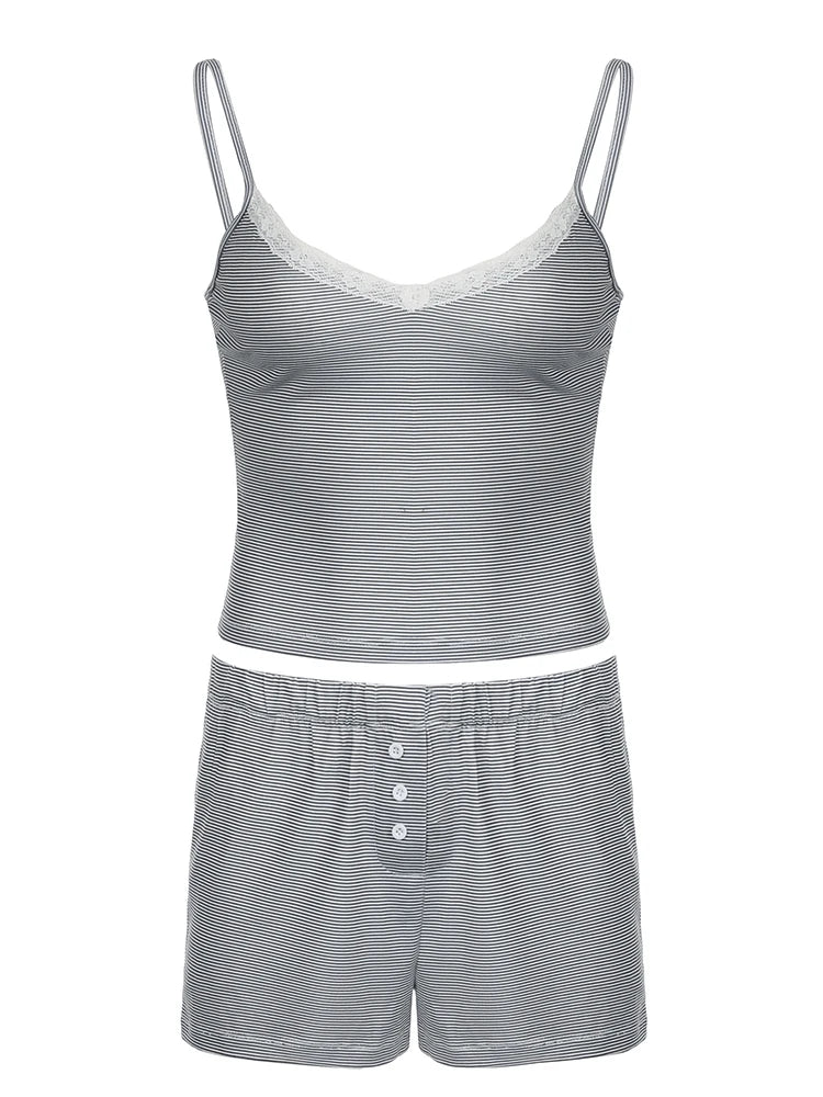 Contrast Lace Patchwork Slim Stripe Y2k 2 Pieces Shorts Sets Kawaii V Neck Camisole and Botton Shorts Set