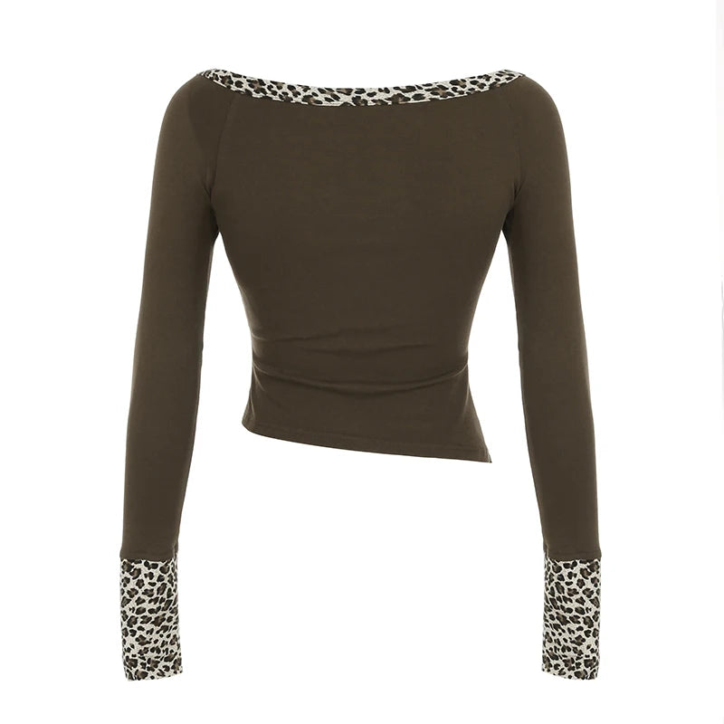 Y2k Retro Irregular ��s Tops Long Sleeve Patchwork Leopard Square Collar Button Ripped T-shirts