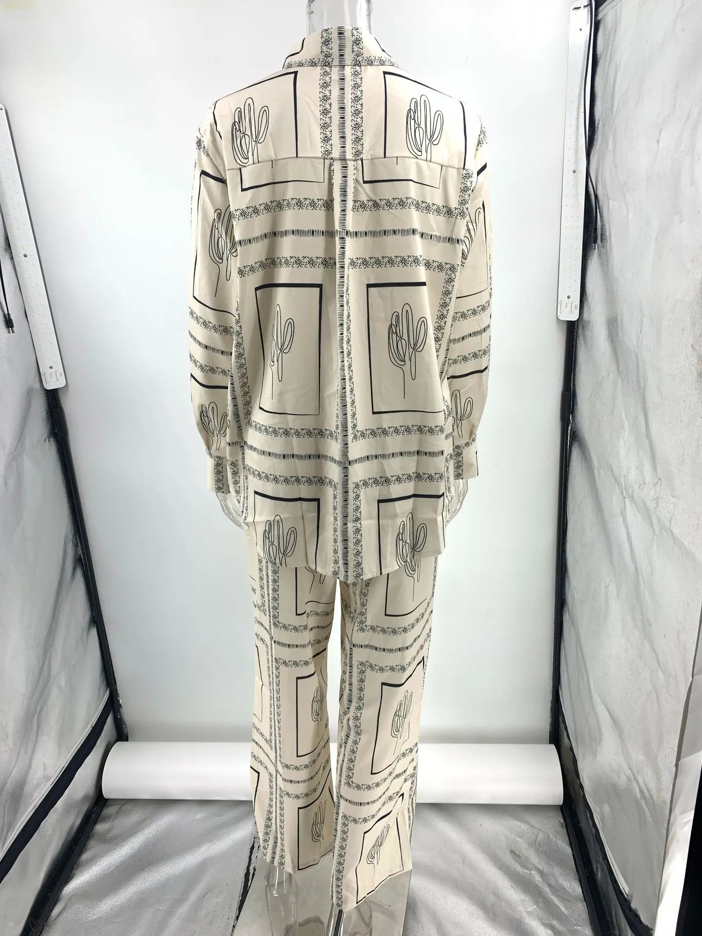 Printed Shirts Two Piece Set Long Sleeve Lapel Shirts High Waist Wide Leg Pants Suit for Home Wear Outfits Clothing