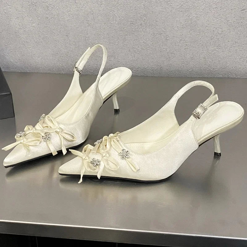 Designer Pointed Toe Thin High Heels Butterflyknot Slingback Sandals Female Party Dress Shoes Pumps