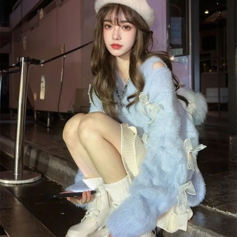 Knitted Sweater Bow Off Shoulder V Neck Loose Stretch Autumn Winter Pullover Female Jumper