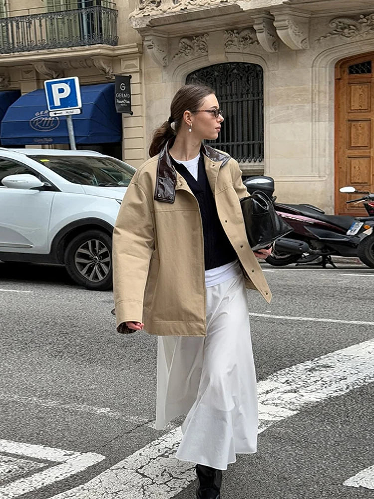 Leather Collar Cargo Jacket Button Down Plaid Pattern Patchwork Jackets Contrast Color Trench Coat Loose Outwear