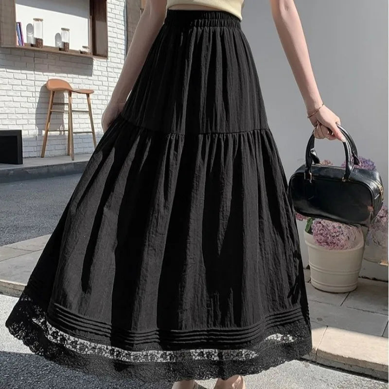 Lace Patchwork Skirts Aline Spring Summer Sweet Faldas Mujer Korean Long Skirt