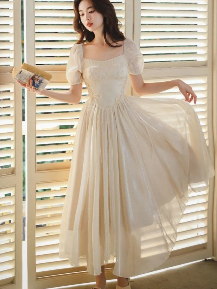 French Bubble Sleeves Dresses Summer Square Collar Evening Party Prom Sweet Chiffon Long Dress