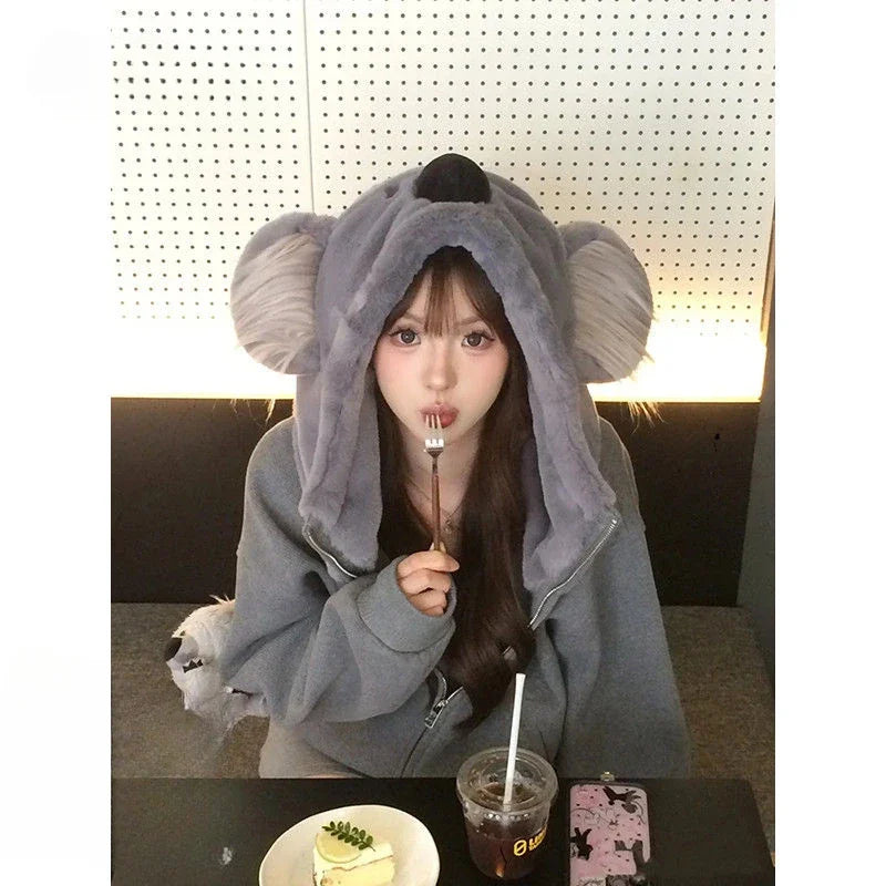 Sweet Hot Girl American Koala Hoodie Autumn/winter Longsleeved Zipper Loose Coat Female Clothes