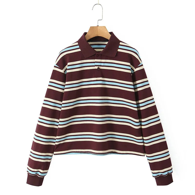 Stripe Basic T-shirt Long Sleeve Female All Match Polo Shirt Spring New Loose Tops High Street