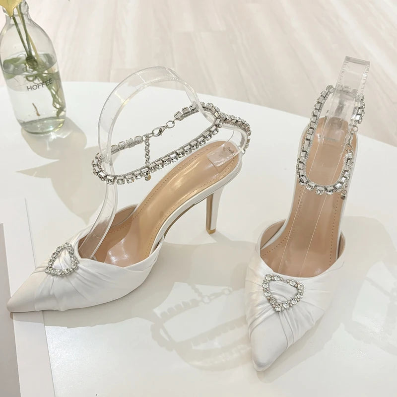 Crystal Buckle Strap Pointed Toe Pumps Prom Thin Heels Sandals Mule Party Shoes