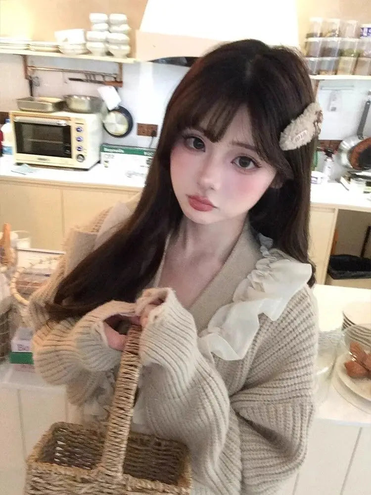 Knitted Sweater Lace Bandage Ruffles V Neck Loose Stretch Loose Pullover Autumn Winter Female Jumper