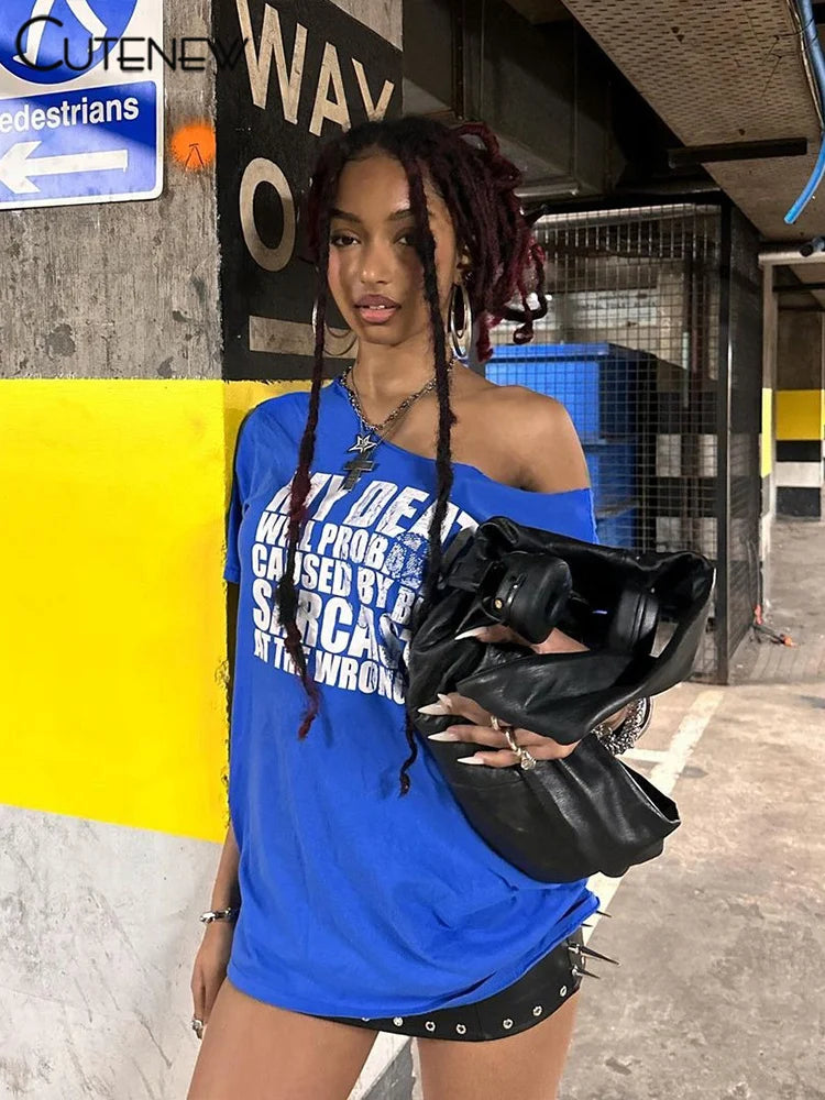 Letter Print T-shirts Summer Concise Incline Shoulder Short Sleeve Oversized Tees Female Wild Street Tops