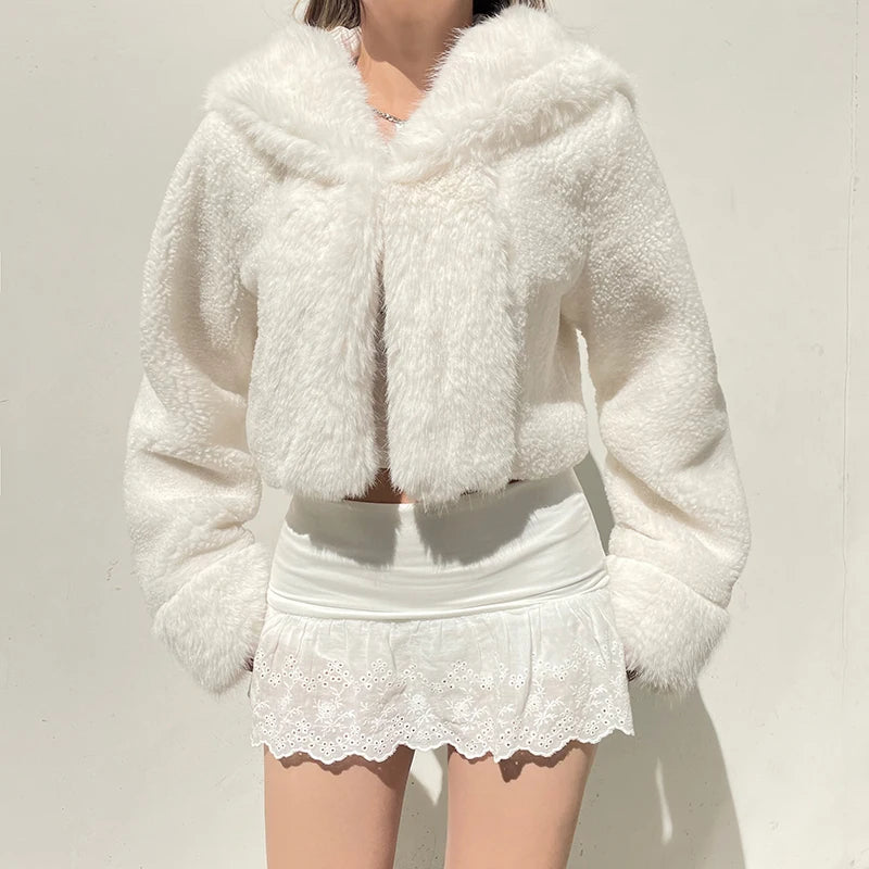 Faux Fur Hooded Coat High Street Fluffy White Snow Jacket Winter Warm Slim Outwear Stylish Lady Outfits