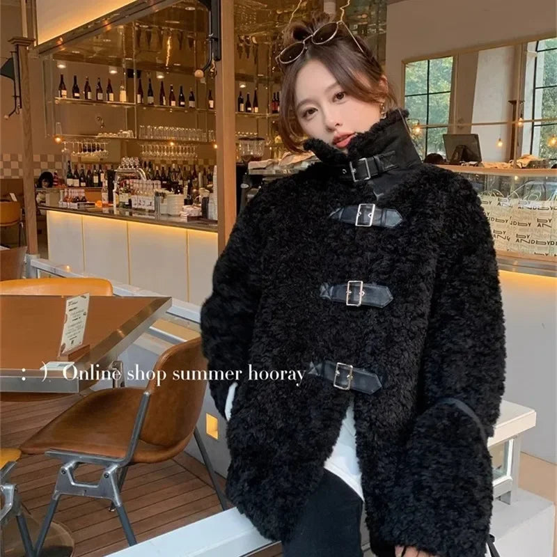 Sweet Hot Girl Stand Collar Belt Buckle Lamb Wool Coat Autumn/winter Doublesided Thick Jacket Female Clothes