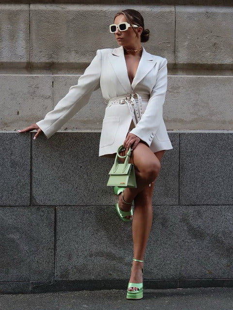 Double Layer Bandage Slim Blazer Long Sleeve Pocket Long Jacket Female Suit Outwear Tops Street Party Autumn