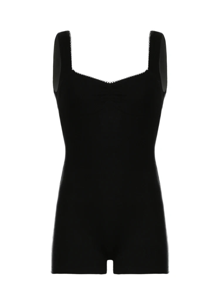 Sleeveless Shirring Square Collar Skinny Summer Playsuit Black Simple Basic Vacation Rompers