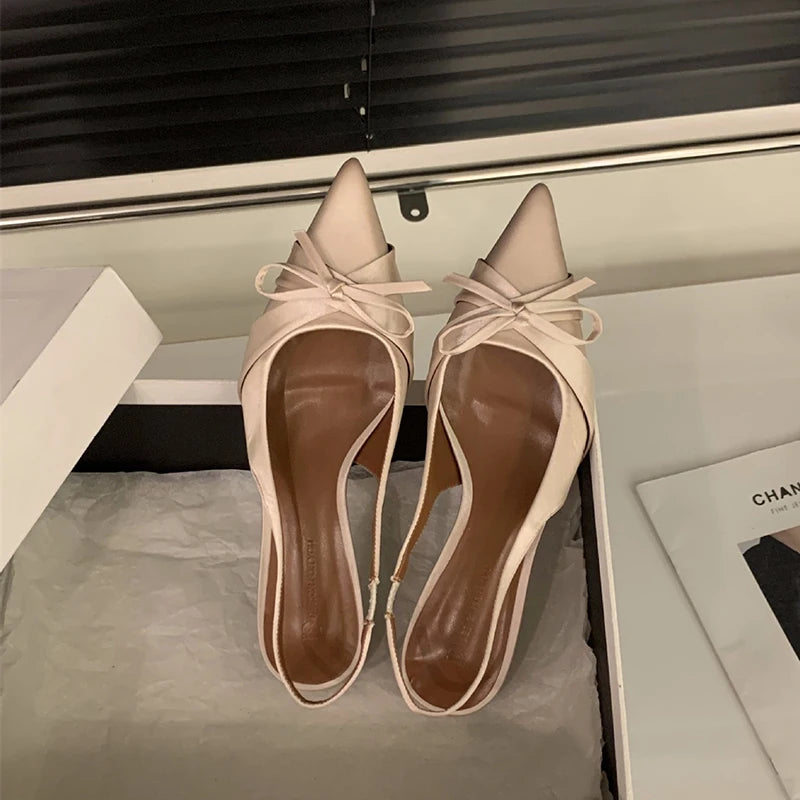Bowktie Pointed Toe Slingbacks Low Thin Heel Dress Shoes