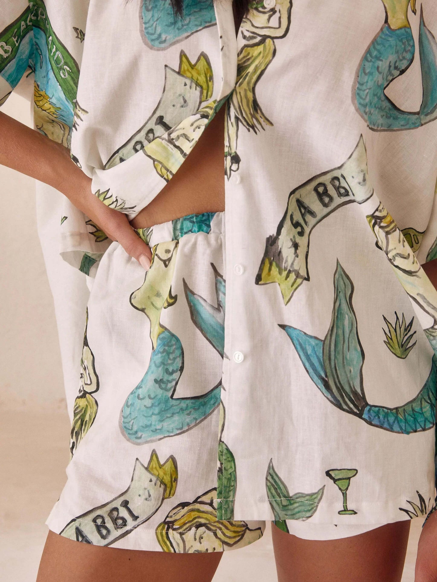 Holiday Mermaid Print Loose Shorts Two-piece Set
